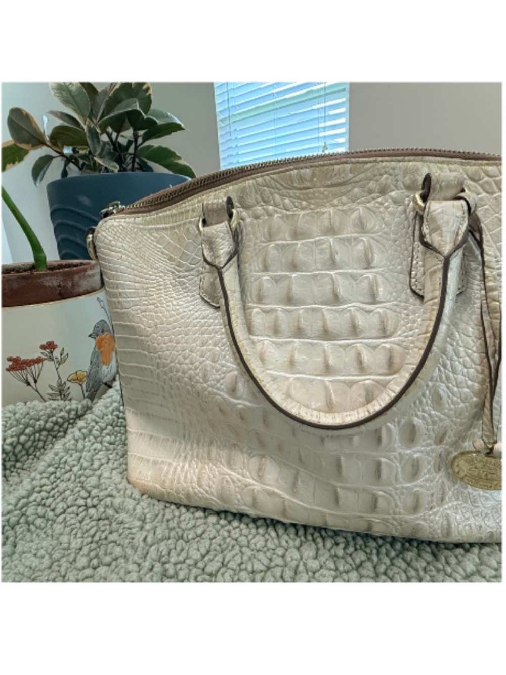 Brahmin Cream Croc-Embossed Satchel with Gold Hardware